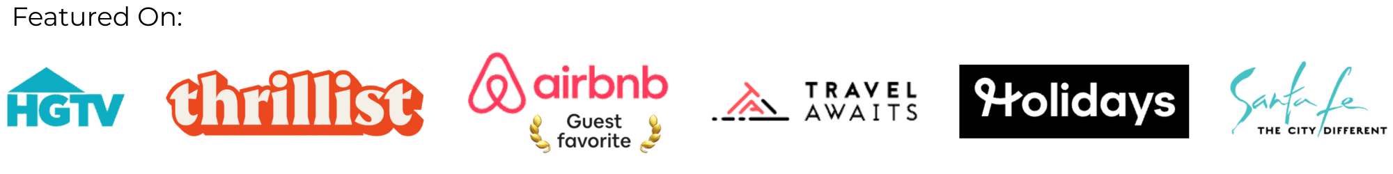 Logos of featured media outlets including HGTV, Thrillist, Airbnb, Travel Awaits, Holidays, and Santa Fe.